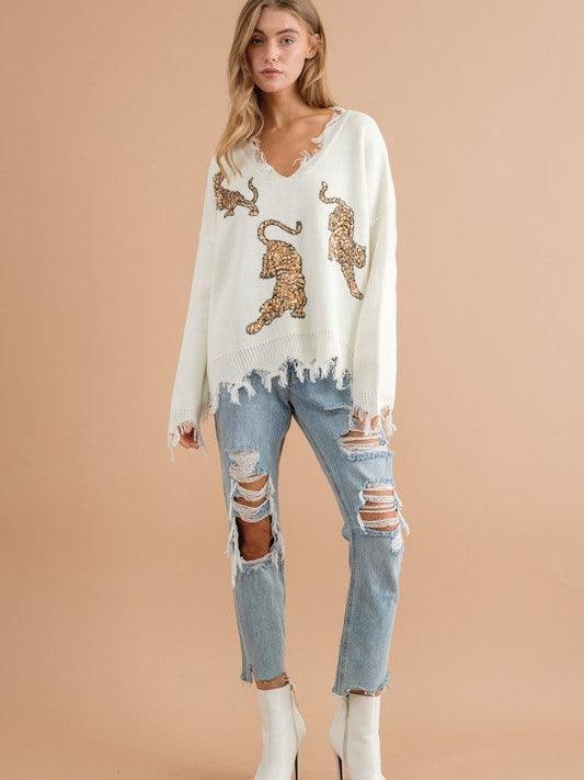 Tiger Love Frayed Edge Sequin Sweater - Z & Joxa Co.