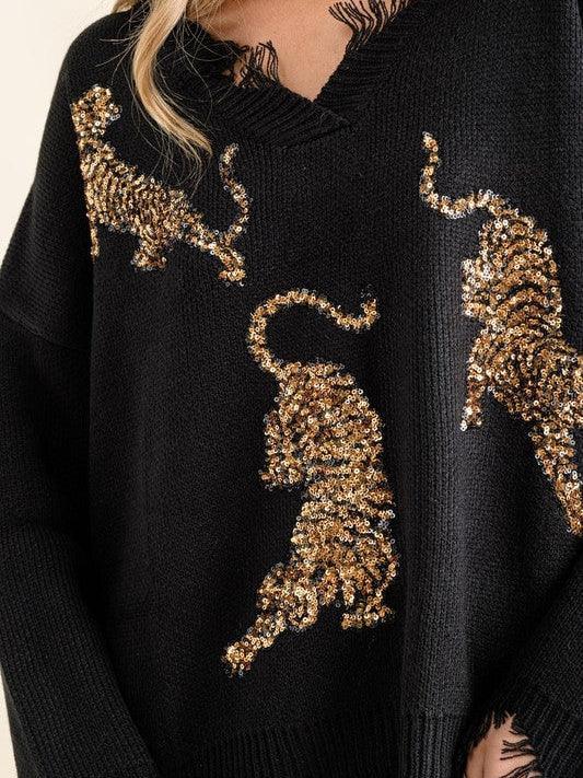 Tiger Love Frayed Edge Sequin Sweater - Z & Joxa Co.