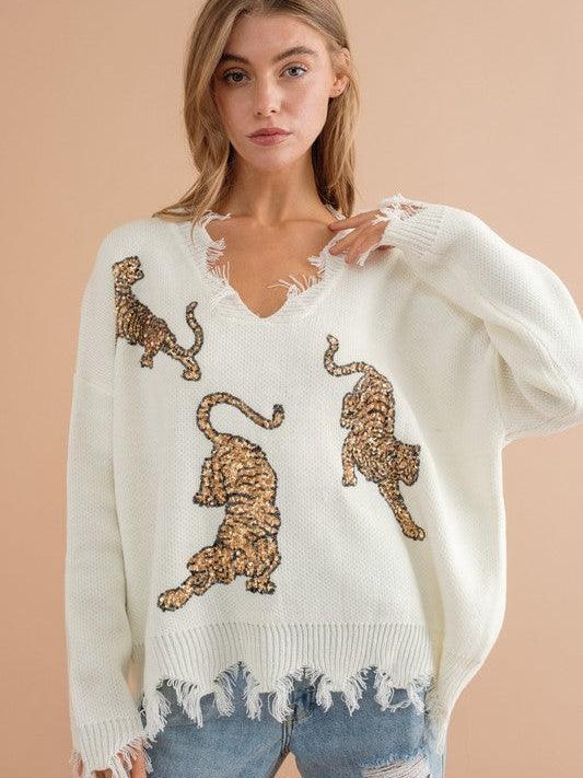 Tiger Love Frayed Edge Sequin Sweater-Women's Clothing-Shop Z & Joxa