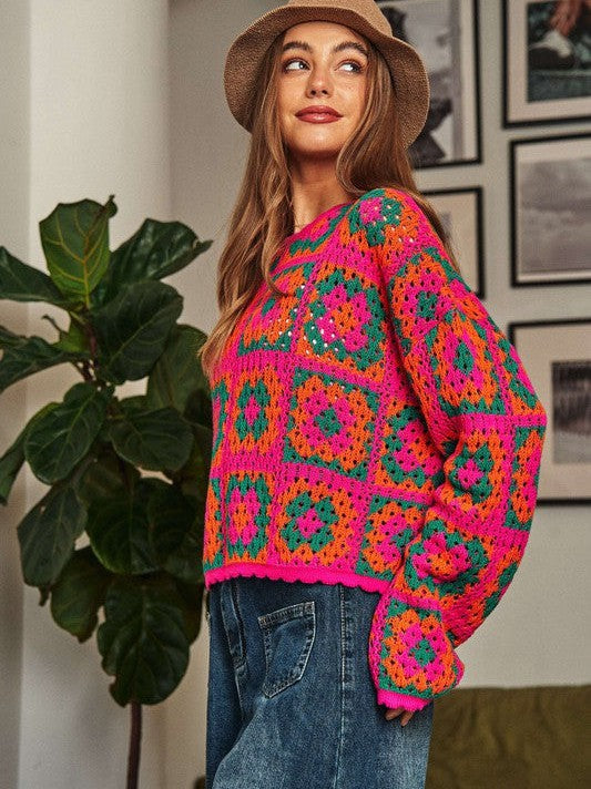 Timeless Crochet Patchwork Round Neck Long Sleeve Sweater Top-Women's Clothing-Shop Z & Joxa