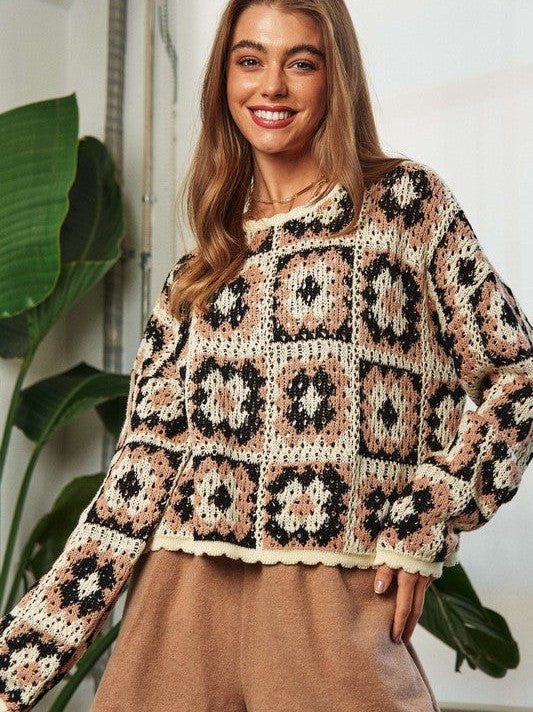 Timeless Crochet Patchwork Round Neck Long Sleeve Sweater Top-Women's Clothing-Shop Z & Joxa