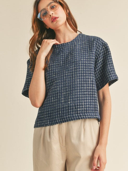 Timeless Fashion Boxy Boucle Top in Navy Blue-Women's Clothing-Shop Z & Joxa