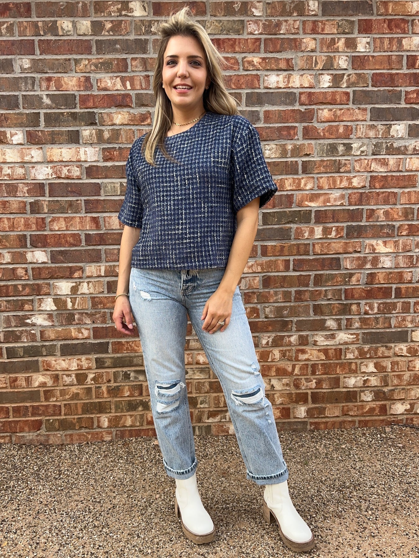 Timeless Fashion Boxy Boucle Top in Navy Blue-Women's Clothing-Shop Z & Joxa