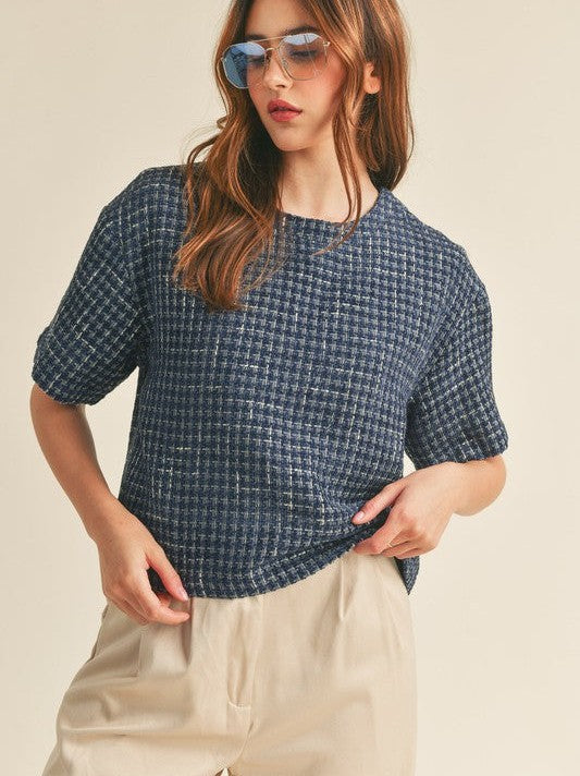 Timeless Fashion Boxy Boucle Top in Navy Blue-Women's Shirts & Tops-Shop Z & Joxa