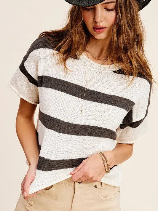 Todays Mood Expresso and Ambition Stripe Short Sleeve Sweater Top-Women's Clothing-Shop Z & Joxa