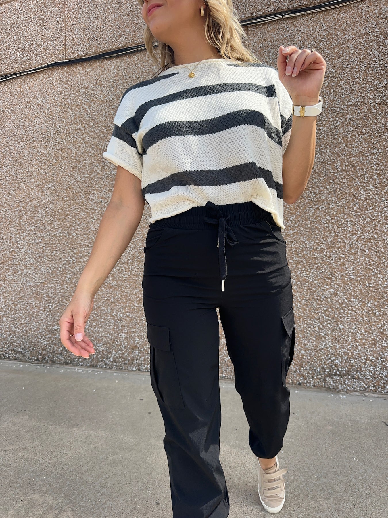 Todays Mood Expresso and Ambition Stripe Short Sleeve Sweater Top-Women's Clothing-Shop Z & Joxa