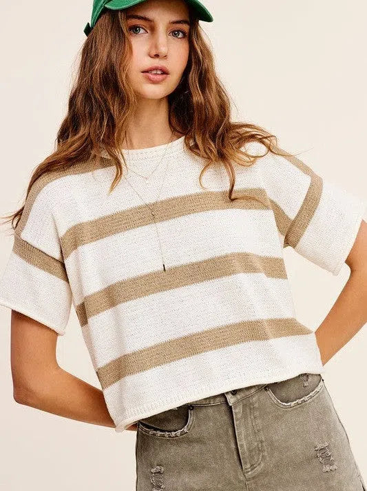 Todays Mood Expresso and Ambition Stripe Short Sleeve Sweater Top-Women's Clothing-Shop Z & Joxa