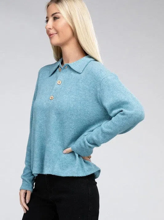 Touch of Sophistication Collared Lightweight Sweater Top-Women's Clothing-Shop Z & Joxa