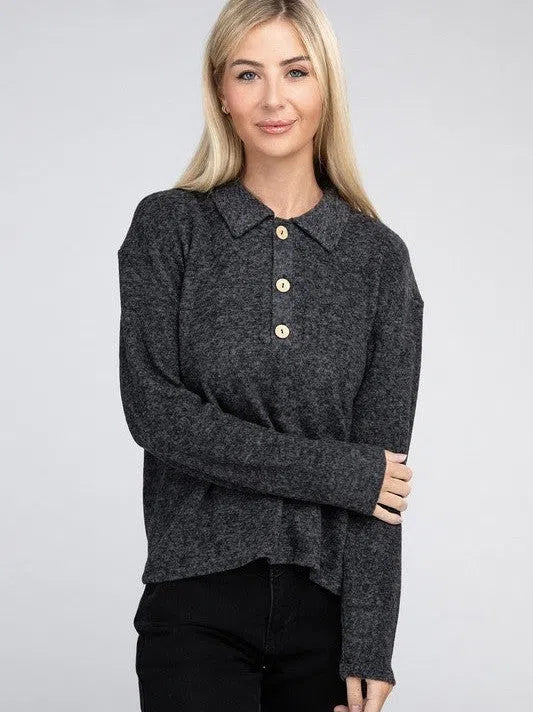 Touch of Sophistication Collared Lightweight Sweater Top-Women's Clothing-Shop Z & Joxa