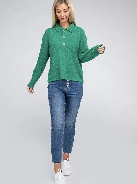 Touch of Sophistication Collared Lightweight Sweater Top-Women's Clothing-Shop Z & Joxa