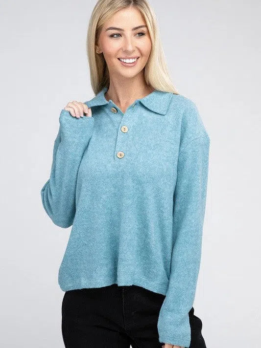 Touch of Sophistication Collared Lightweight Sweater Top-Women's Clothing-Shop Z & Joxa