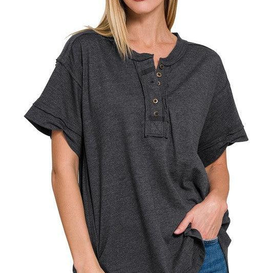 Tucks + Buttons Short Sleeve Raw Edge Oversized Shirt-Women's Clothing-Shop Z & Joxa