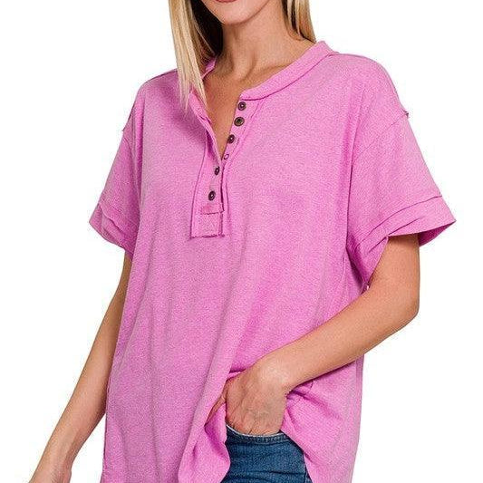 Tucks + Buttons Short Sleeve Raw Edge Oversized Shirt-Women's Clothing-Shop Z & Joxa