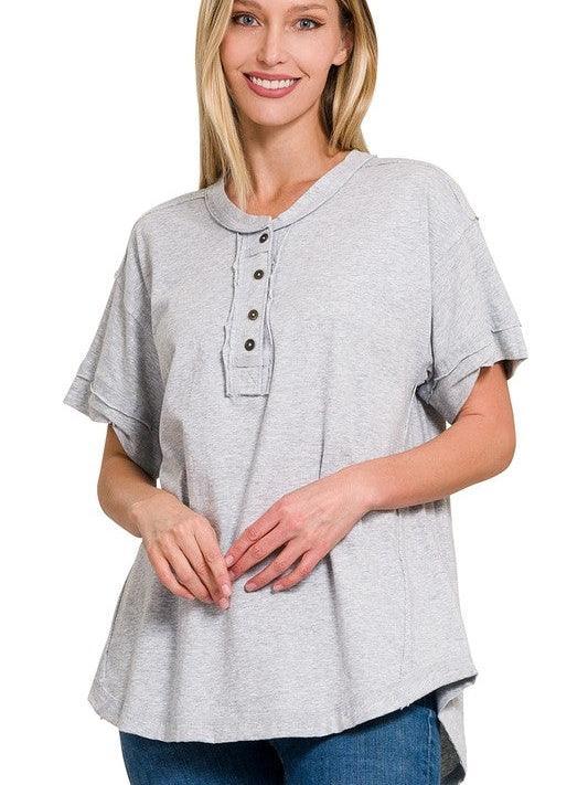 Tucks + Buttons Short Sleeve Raw Edge Oversized Shirt-Women's Shirts & Tops-Shop Z & Joxa