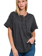 Tucks + Buttons Short Sleeve Raw Edge Oversized Shirt-Women's Shirts & Tops-Shop Z & Joxa