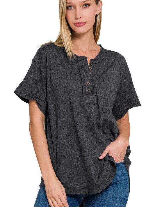 Tucks + Buttons Short Sleeve Raw Edge Oversized Shirt-Women's Shirts & Tops-Shop Z & Joxa