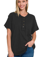 Tucks + Buttons Short Sleeve Raw Edge Oversized Shirt-Women's Shirts & Tops-Shop Z & Joxa