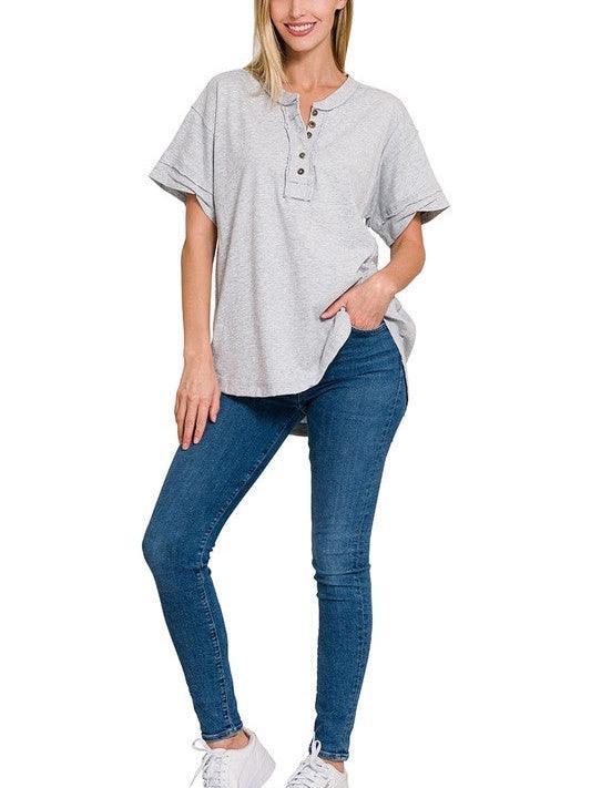 Tucks + Buttons Short Sleeve Raw Edge Oversized Shirt-Women's Shirts & Tops-Shop Z & Joxa