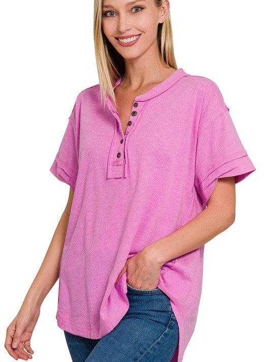 Tucks + Buttons Short Sleeve Raw Edge Oversized Shirt-Women's Shirts & Tops-Shop Z & Joxa