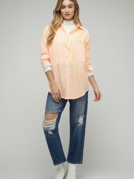 Two-Tone Striped Oversized Button Shirt-Women's Clothing-Shop Z & Joxa