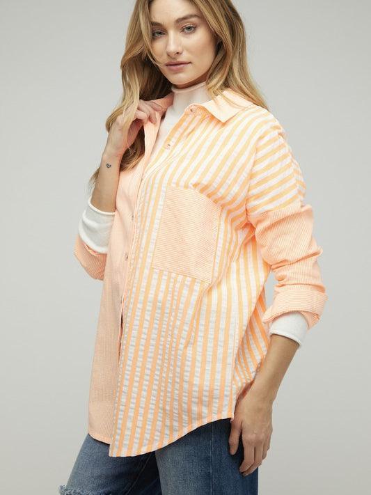 Two-Tone Striped Oversized Button Shirt-Women's Clothing-Shop Z & Joxa