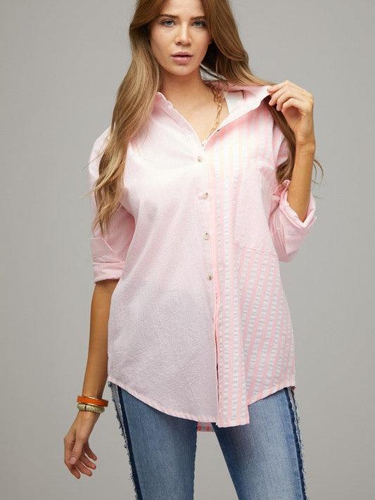 Two-Tone Striped Oversized Button Shirt-Women's Clothing-Shop Z & Joxa