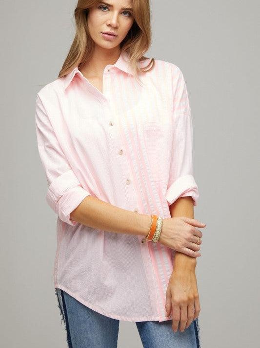 Two-Tone Striped Oversized Button Shirt-Women's Clothing-Shop Z & Joxa