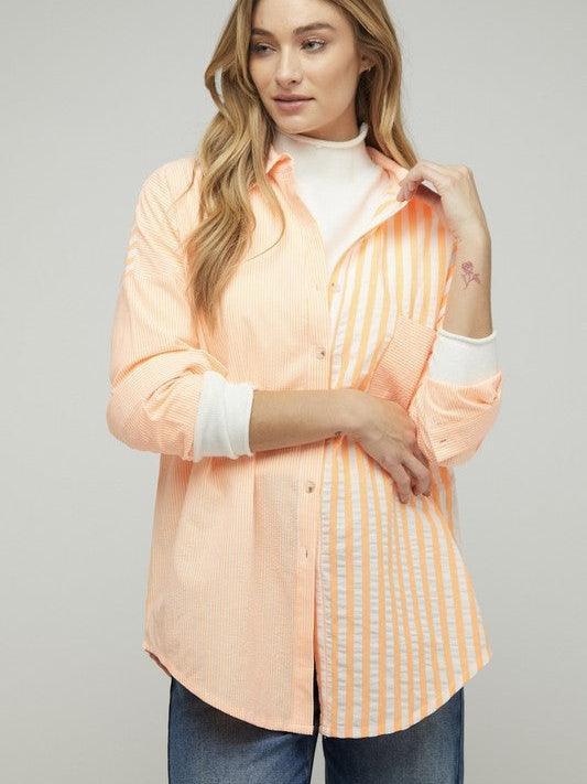 Two-Tone Striped Oversized Button Shirt-Women's Clothing-Shop Z & Joxa