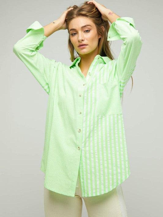 Two-Tone Striped Oversized Button Shirt-Women's Clothing-Shop Z & Joxa