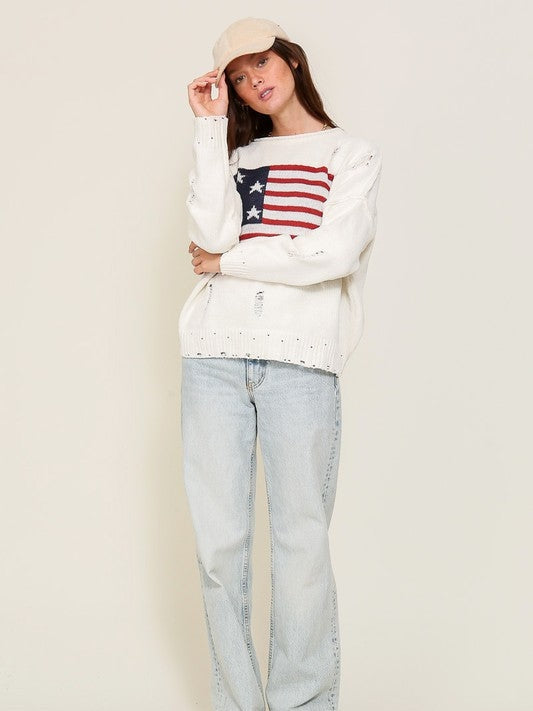 USA Flag Logo Long Sleeve Distressed Sweater-Women's Clothing-Shop Z & Joxa