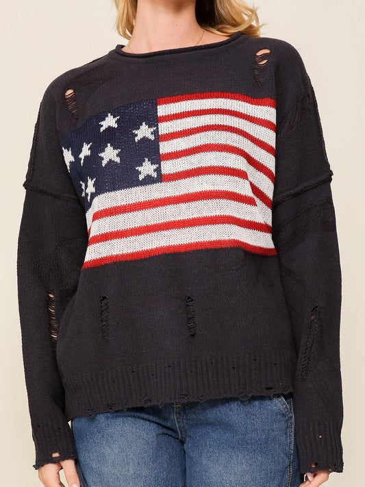 USA Flag Logo Long Sleeve Distressed Sweater-Women's Clothing-Shop Z & Joxa