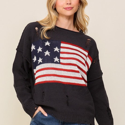 USA Flag Logo Long Sleeve Distressed Sweater