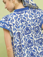 Umgee Abstract Petalwave Ruffle Sleeve Floral Blouse in Blue-Women's Shirts & Tops-Shop Z & Joxa