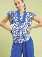 Umgee Abstract Petalwave Ruffle Sleeve Floral Blouse in Blue-Women's Shirts & Tops-Shop Z & Joxa