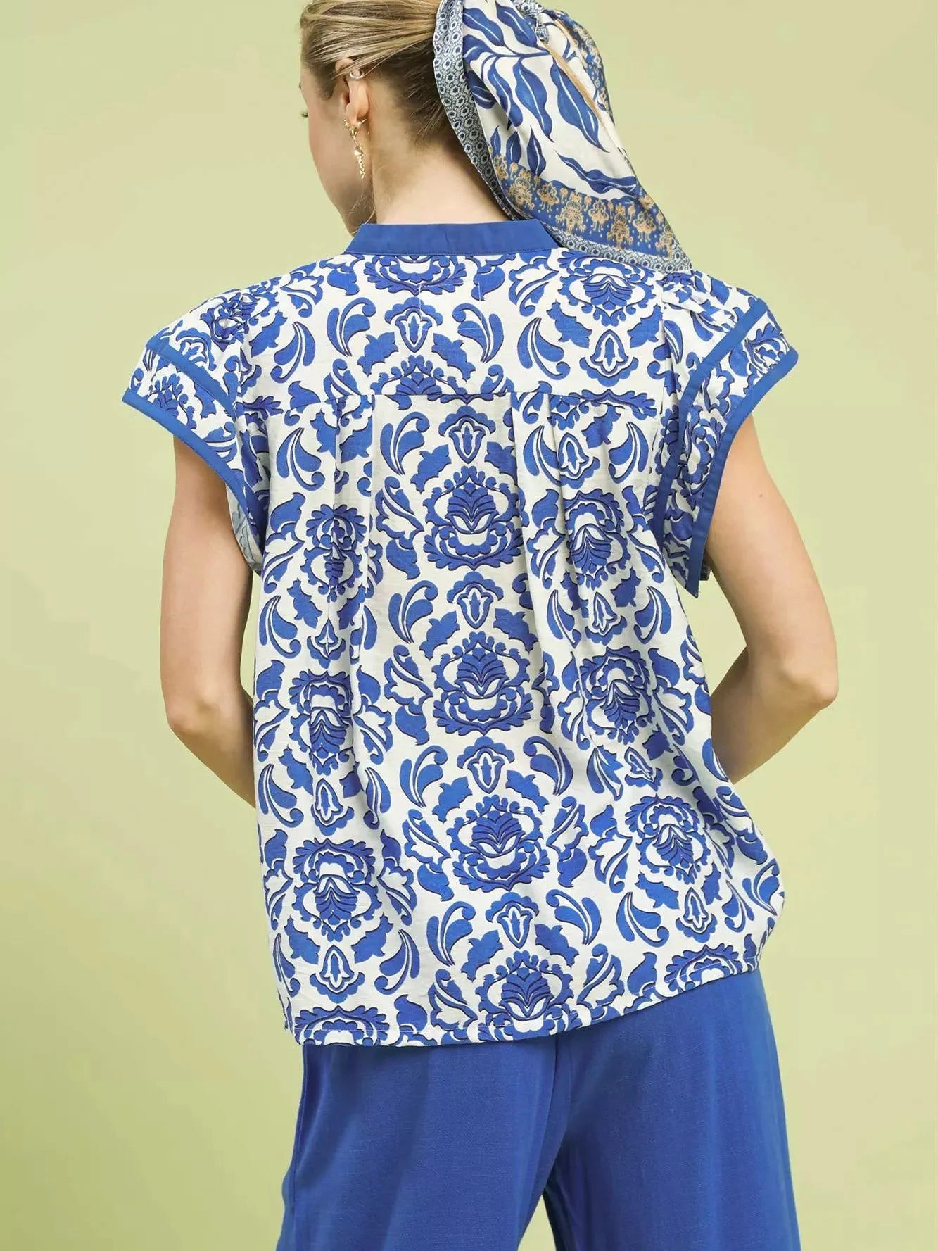 Umgee Abstract Petalwave Ruffle Sleeve Floral Blouse in Blue-Women's Shirts & Tops-Shop Z & Joxa
