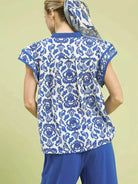 Umgee Abstract Petalwave Ruffle Sleeve Floral Blouse in Blue-Women's Shirts & Tops-Shop Z & Joxa