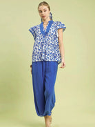Umgee Abstract Petalwave Ruffle Sleeve Floral Blouse in Blue-Women's Shirts & Tops-Shop Z & Joxa