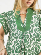 Umgee Abstract Petalwave Ruffle Sleeve Floral Blouse in Green-Women's Shirts & Tops-Shop Z & Joxa