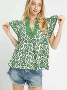 Umgee Abstract Petalwave Ruffle Sleeve Floral Blouse in Green-Women's Shirts & Tops-Shop Z & Joxa