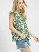 Umgee Abstract Petalwave Ruffle Sleeve Floral Blouse in Green-Women's Shirts & Tops-Shop Z & Joxa