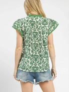 Umgee Abstract Petalwave Ruffle Sleeve Floral Blouse in Green-Women's Shirts & Tops-Shop Z & Joxa