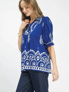 Umgee Azure Charm Printed Puff Sleeve Split Neck Top-Women's Shirts & Tops-Shop Z & Joxa
