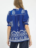 Umgee Azure Charm Printed Puff Sleeve Split Neck Top-Women's Shirts & Tops-Shop Z & Joxa