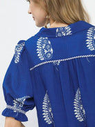 Umgee Azure Charm Printed Puff Sleeve Split Neck Top-Women's Shirts & Tops-Shop Z & Joxa