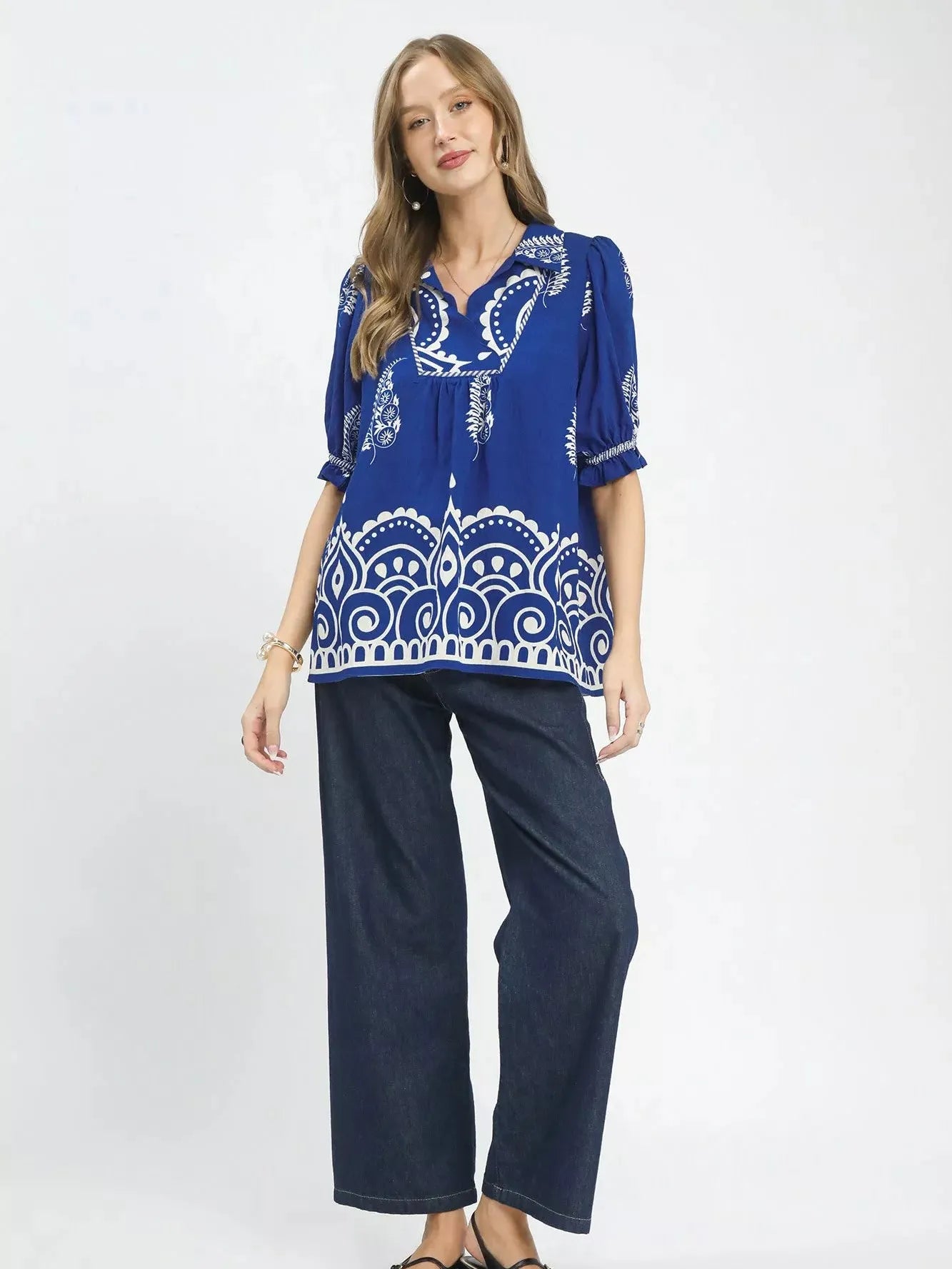 Umgee Azure Charm Printed Puff Sleeve Split Neck Top-Women's Shirts & Tops-Shop Z & Joxa