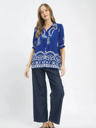 Umgee Azure Charm Printed Puff Sleeve Split Neck Top-Women's Shirts & Tops-Shop Z & Joxa