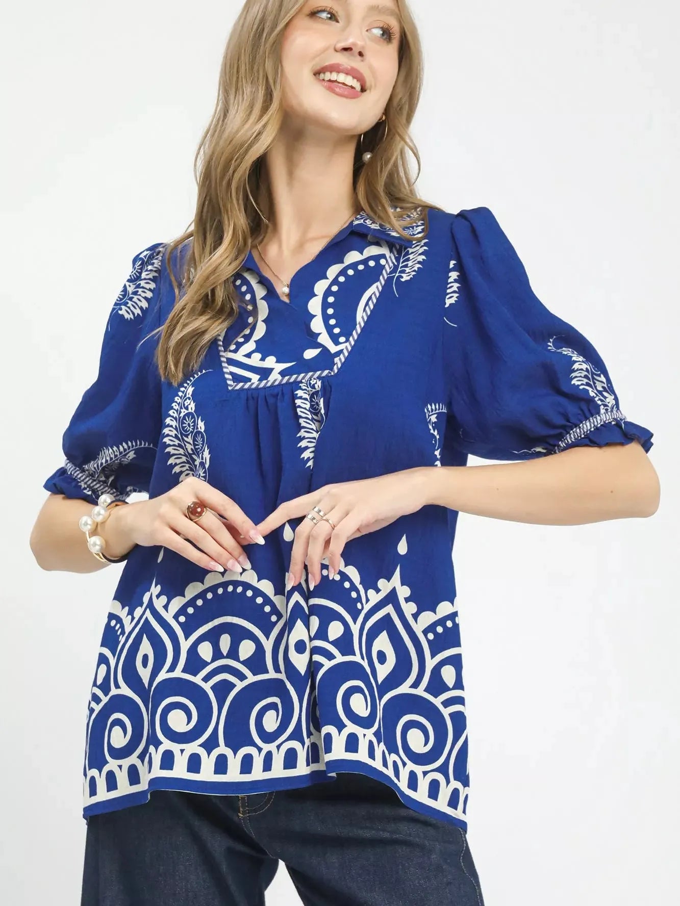 Umgee Azure Charm Printed Puff Sleeve Split Neck Top-Women's Shirts & Tops-Shop Z & Joxa