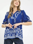 Umgee Azure Charm Printed Puff Sleeve Split Neck Top-Women's Shirts & Tops-Shop Z & Joxa