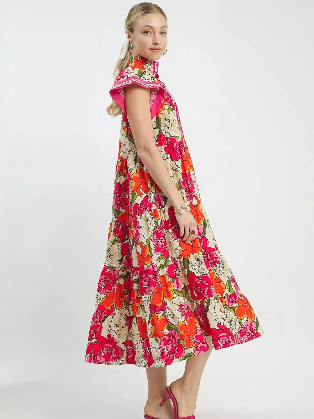 Umgee Berry Bloom Bold Floral Tiered Midi Dress-Women's Dresses-Shop Z & Joxa