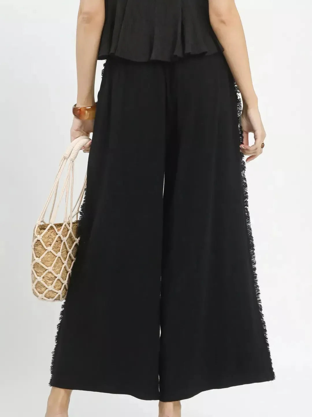 Umgee Black Horizon Linen Frayed Side Pocket Wide Leg Pants-Women's Pants-Shop Z & Joxa
